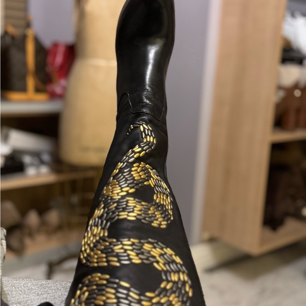 Thomas Wylde Black Leather Snake Embroidered OTK Boots — Size 6.5 - Picture 16 of 16